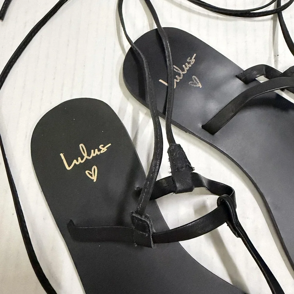 Lulus Shoes Womens Size 8.5 Black Leather Thong Lace Up Flat Ankle Wrap Sandals